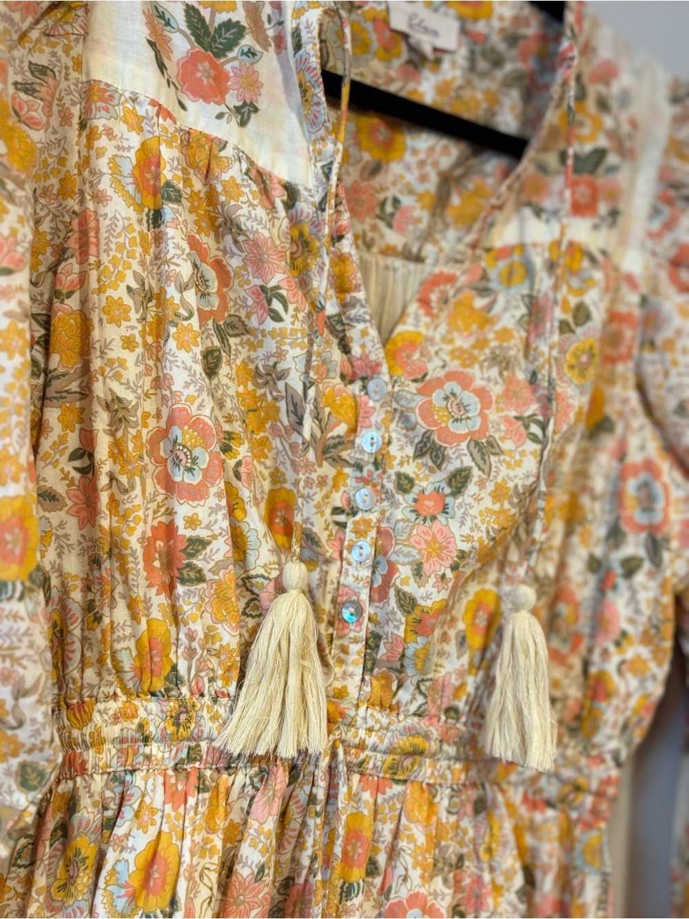 ELAN Monterey Print Tie Neck Long Sleeve Mini Dress Floral Boho Cream Yellow S - Picture 2 of 8